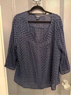 Lucky Brand Navy Eyelet V-Neck Top